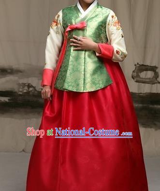 Traditional Korean Costumes Imperial Palace Lady Wedding Green Blouse and Red Dress, Asian Korea Hanbok Court Bride Embroidered Clothing for Women