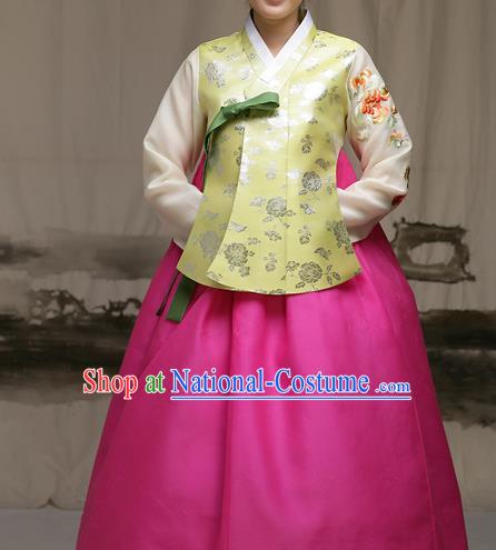 Traditional Korean Costumes Imperial Palace Lady Wedding Green Blouse and Pink Dress, Asian Korea Hanbok Court Bride Embroidered Clothing for Women