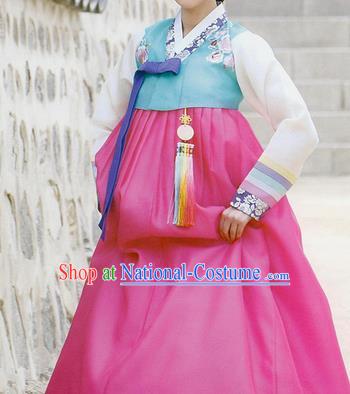 Traditional Korean Costumes Palace Lady Formal Attire Ceremonial Blue Blouse and Pink Dress, Asian Korea Hanbok Bride Embroidered Clothing for Women