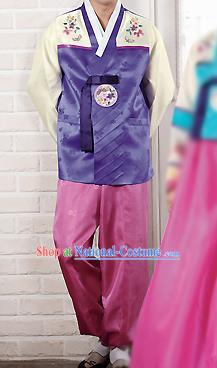 Traditional Korean Costumes Bridegroom Formal Attire Ceremonial Purple Cloth, Asian Korea Hanbok Embroidered Clothing for Men