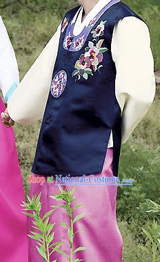 Traditional Korean Costumes Bridegroom Formal Attire Ceremonial Navy Cloth, Asian Korea Hanbok Embroidered Clothing for Men