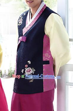 Traditional Korean Costumes Bridegroom Formal Attire Ceremonial Navy Cloth, Asian Korea Hanbok Embroidered Clothing for Men