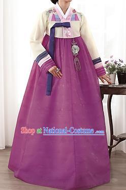 Traditional Korean Costumes Palace Lady Formal Attire Ceremonial Yellow Blouse and Purple Dress, Asian Korea Hanbok Bride Embroidered Clothing for Women