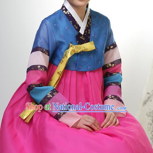 Traditional Korean Costumes Palace Lady Formal Attire Ceremonial Blue Blouse and Dress, Asian Korea Hanbok Bride Embroidered Clothing for Women