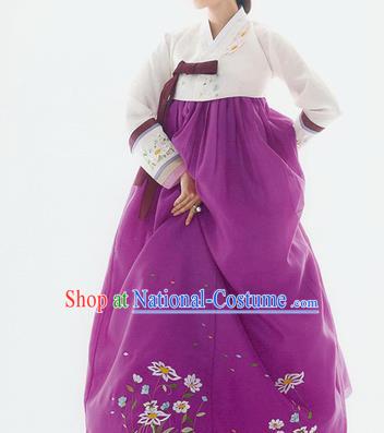 Traditional Korean Costumes Palace Lady Formal Attire Ceremonial Wedding Purple Dress, Asian Korea Hanbok Bride Embroidered Clothing for Women