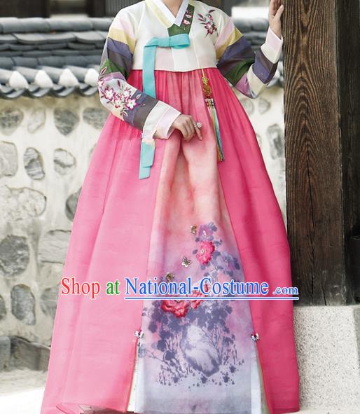 Traditional Korean Costumes Palace Lady Formal Attire Ceremonial Wedding Pink Dress, Asian Korea Hanbok Court Bride Clothing for Women