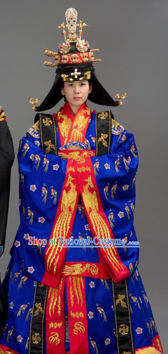 Traditional Korean Costumes Bride Formal Attire Ceremonial Queen Blue Full Dress, Korea Court Embroidered Wedding Clothing for Women