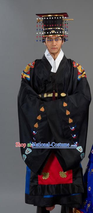 Traditional Korean Costumes Bridegroom Formal Attire Ceremonial Black Cloth, Asian Korea Emperor Hanbok Embroidered Clothing for Men