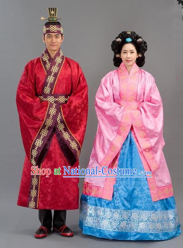 Traditional Korean Costumes Emperor and Empress Formal Attire Ceremonial Wedding Clothing, Asian Korea Hanbok Embroidered Clothing for Women for Men