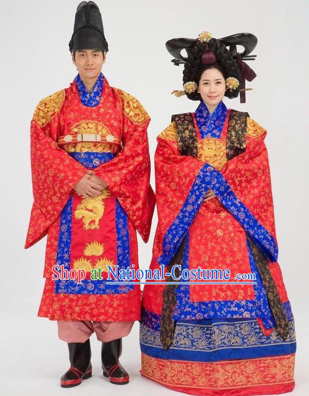 Traditional Korean Costumes Emperor and Empress Formal Attire Ceremonial Wedding Red Clothing, Asian Korea Hanbok Embroidered Clothing for Women for Men