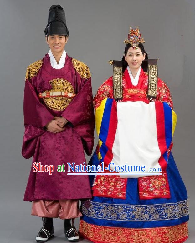 Traditional Korean Costumes Emperor and Empress Formal Attire Ceremonial Wedding Red Clothing, Asian Korea Hanbok Embroidered Clothing for Women for Men