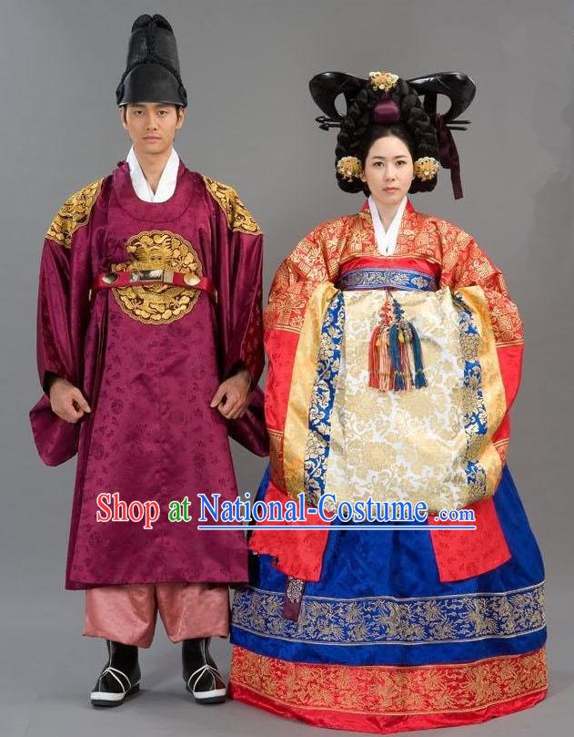 Traditional Korean Costumes Emperor and Empress Formal Attire Ceremonial Wedding Red Clothing, Asian Korea Hanbok Embroidered Clothing for Women for Men