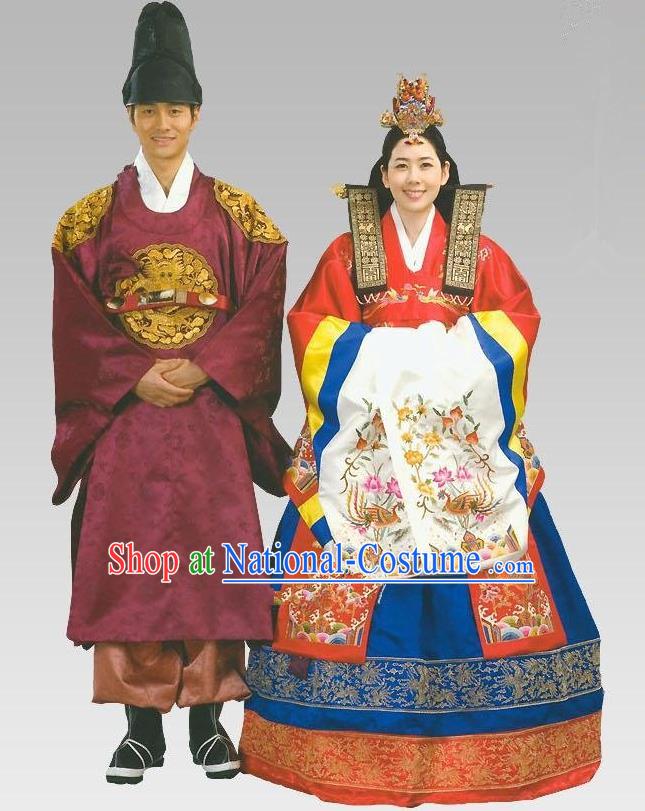 Traditional Korean Costumes Emperor and Empress Formal Attire Ceremonial Wedding Clothing, Asian Korea Hanbok Embroidered Clothing for Women for Men