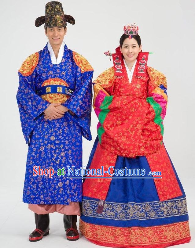 Traditional Korean Costumes Emperor and Empress Formal Attire Ceremonial Wedding Clothing, Asian Korea Hanbok Embroidered Clothing for Women for Men