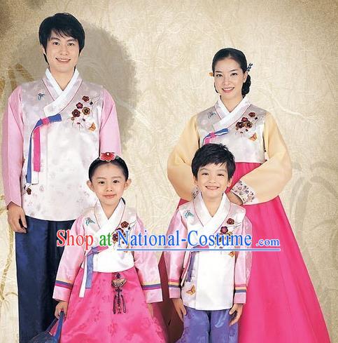 Traditional Korean Costumes Parent-Child Outfit Full Dress Family Formal Attire Ceremonial Clothes, Korea Court Embroidered Clothing Complete Set