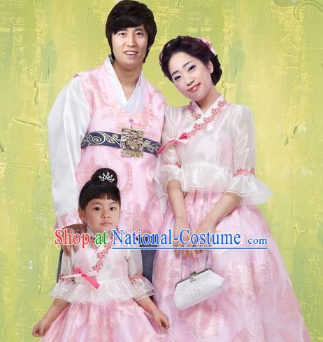 Traditional Korean Costumes Parent-Child Outfit Full Dress Family Formal Attire Ceremonial Clothes, Korea Court Embroidered Clothing Complete Set