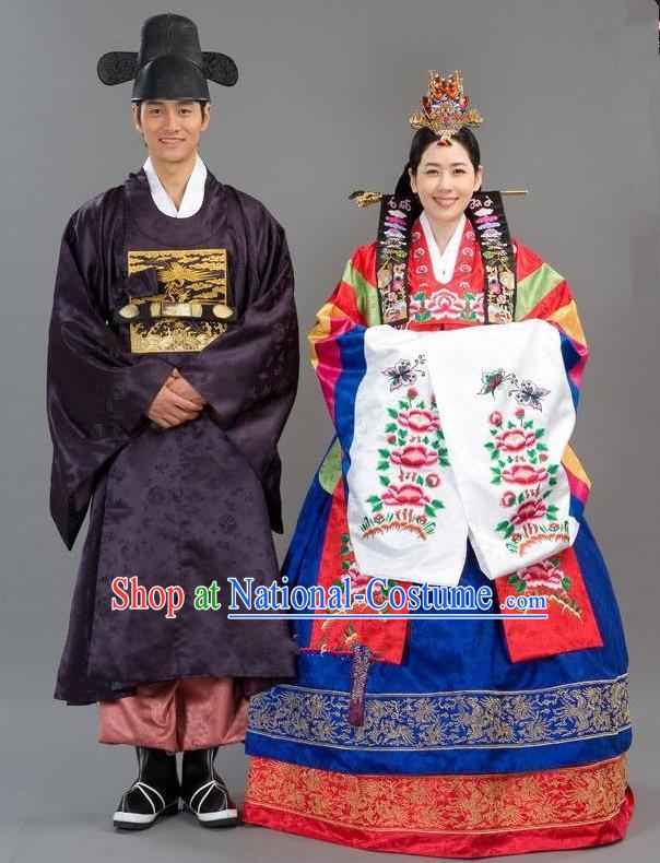 Traditional Korean Costumes Emperor and Empress Formal Attire Ceremonial Cloth, Asian Korea Hanbok Embroidered Clothing for Women for Men