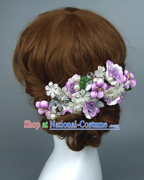 Top Grade Handmade Wedding Hair Accessories Purple Flowers Hair Stick, Baroque Style Bride Headwear for Women