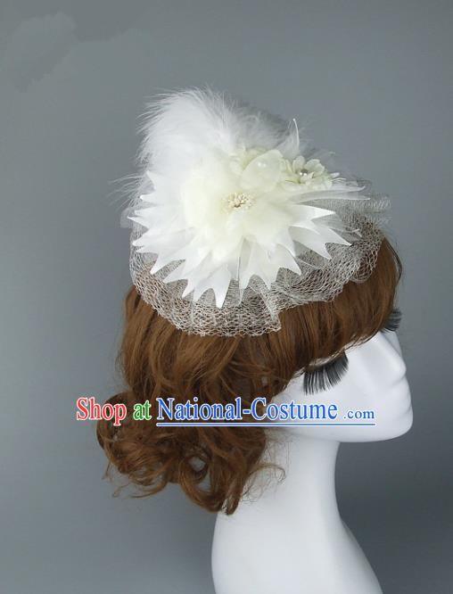 Top Grade Handmade Wedding Hair Accessories White Feather Top Hat, Baroque Style Bride Headwear for Women