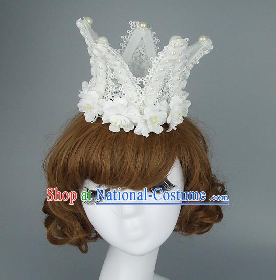 Top Grade Handmade Princess Hair Accessories Model Show White Flowers Royal Crown, Baroque Style Bride Deluxe Headwear for Women