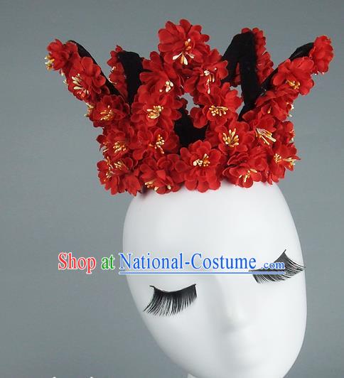 Top Grade Handmade Princess Hair Accessories Model Show Red Flowers Royal Crown, Baroque Style Bride Deluxe Headwear for Women