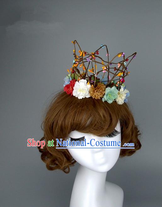 Top Grade Handmade Princess Hair Accessories Model Show Rattan Flowers Royal Crown, Baroque Style Bride Deluxe Headwear for Women