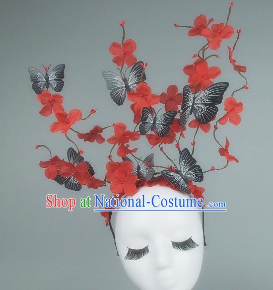 Asian China Butterfly Red Flowers Hair Accessories Model Show Headdress, Halloween Ceremonial Occasions Miami Deluxe Headwear