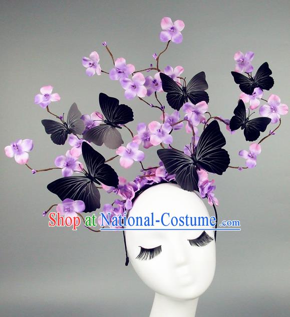 Asian China Butterfly Purple Flowers Hair Accessories Model Show Headdress, Halloween Ceremonial Occasions Miami Deluxe Headwear