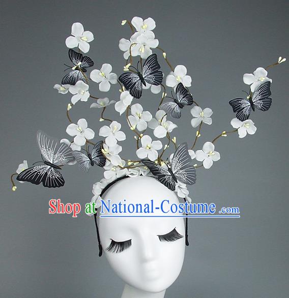 Asian China Butterfly White Flowers Hair Accessories Model Show Headdress, Halloween Ceremonial Occasions Miami Deluxe Headwear