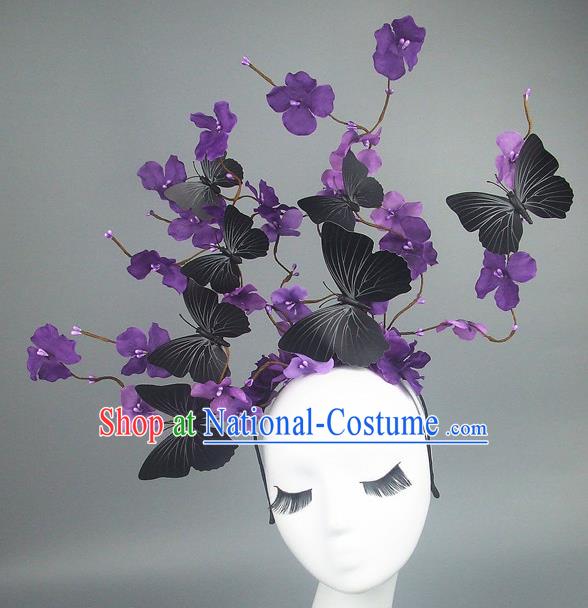 Asian China Butterfly Deep Purple Flowers Hair Accessories Model Show Headdress, Halloween Ceremonial Occasions Miami Deluxe Headwear