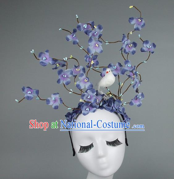 Asian China Lilac Flowers Hair Accessories Model Show Headdress, Halloween Ceremonial Occasions Miami Deluxe Headwear