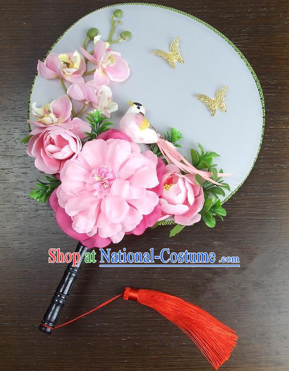 Traditional Handmade Chinese Ancient Wedding Round Fans, Hanfu Palace Lady Pink Peony Flowers Bride Mandarin Fans for Women