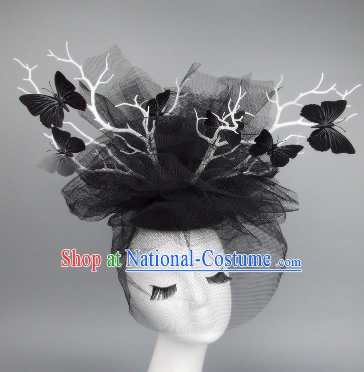 Asian China Black Veil Butterfly Hair Accessories Model Show Headdress, Halloween Ceremonial Occasions Miami Deluxe Headwear