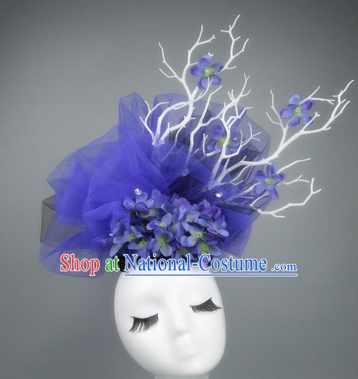 Asian China Blue Veil Hair Accessories Model Show Headdress, Halloween Ceremonial Occasions Miami Deluxe Headwear