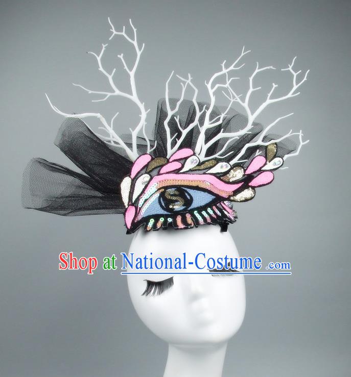 Asian China Black Veil Hair Accessories Model Show Embroidery Headdress, Halloween Ceremonial Occasions Miami Deluxe Headwear