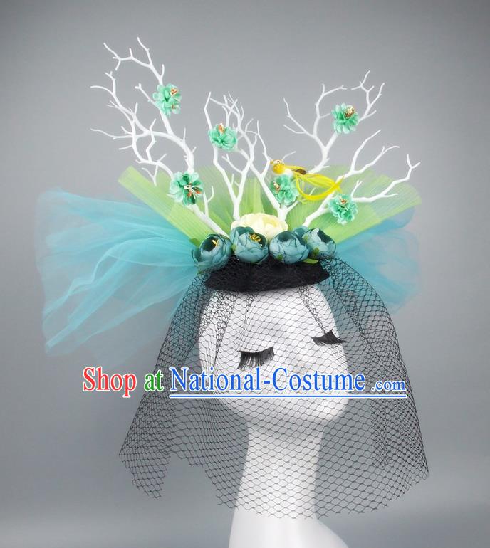 Asian China Green Veil Hair Accessories Model Show Headdress, Halloween Ceremonial Occasions Miami Deluxe Headwear