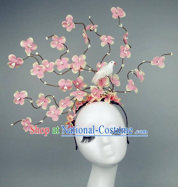 Asian China Pink Flowers Hair Accessories Model Show Headdress, Halloween Ceremonial Occasions Miami Deluxe Headwear