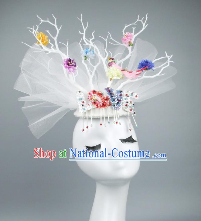 Asian China White Veil Hair Accessories Model Show Embroidery Headdress, Halloween Ceremonial Occasions Miami Deluxe Headwear