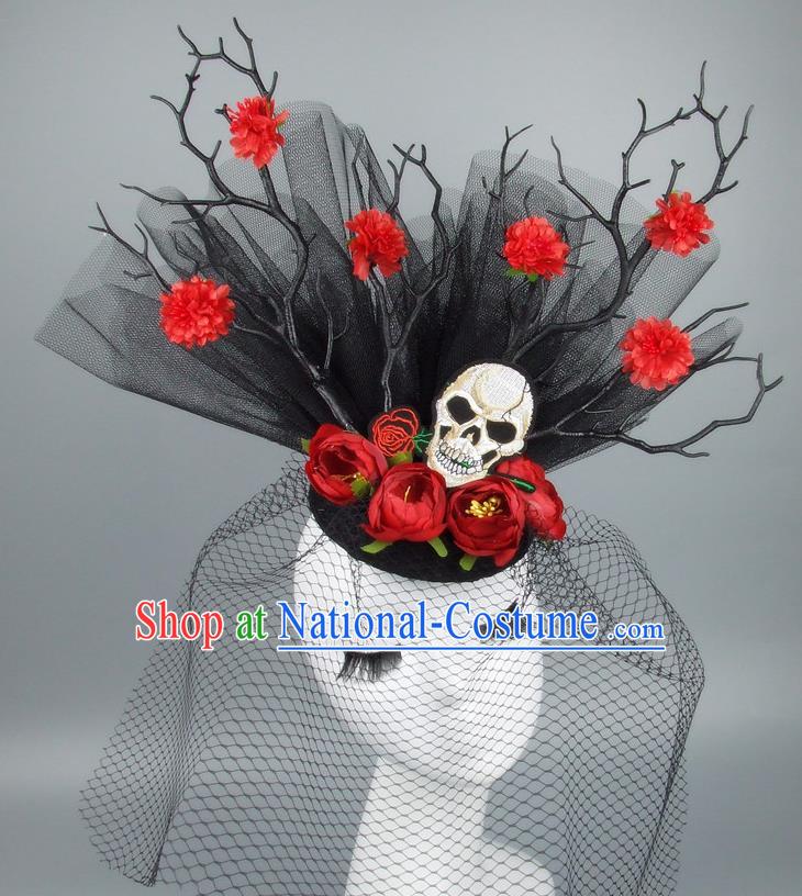 Asian China Black Veil Hair Accessories Model Show Embroidery Headdress, Halloween Ceremonial Occasions Miami Deluxe Headwear