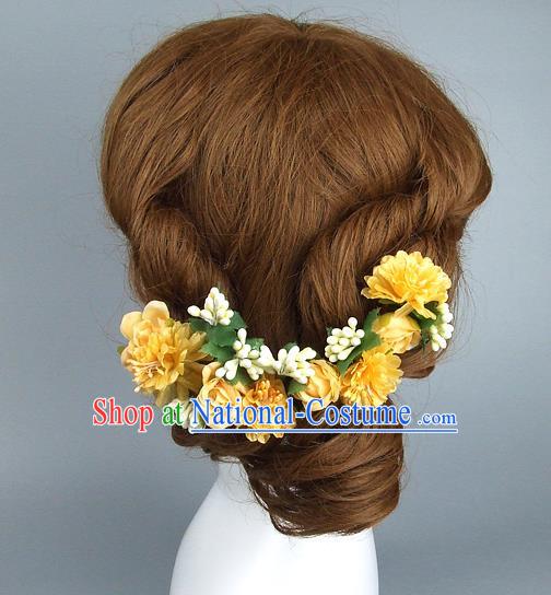 Asian China Wedding Yellow Flowers Hair Accessories, Model Show Headdress Bride Headwear for Women