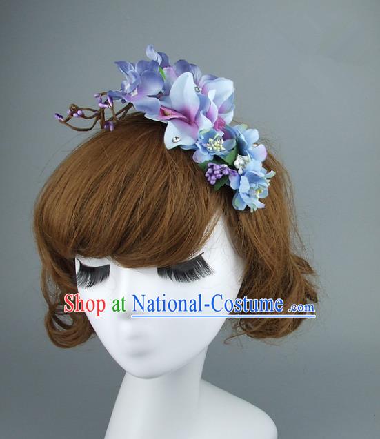 Asian China Wedding Purple Flowers Hair Accessories, Model Show Headdress Bride Headwear for Women