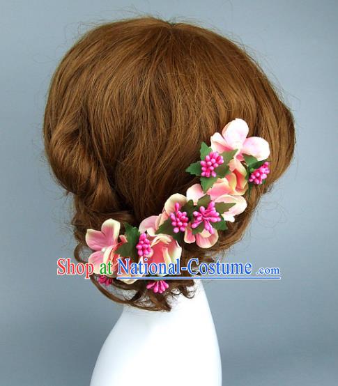 Asian China Wedding Pink Flowers Hair Accessories, Model Show Headdress Bride Headwear for Women