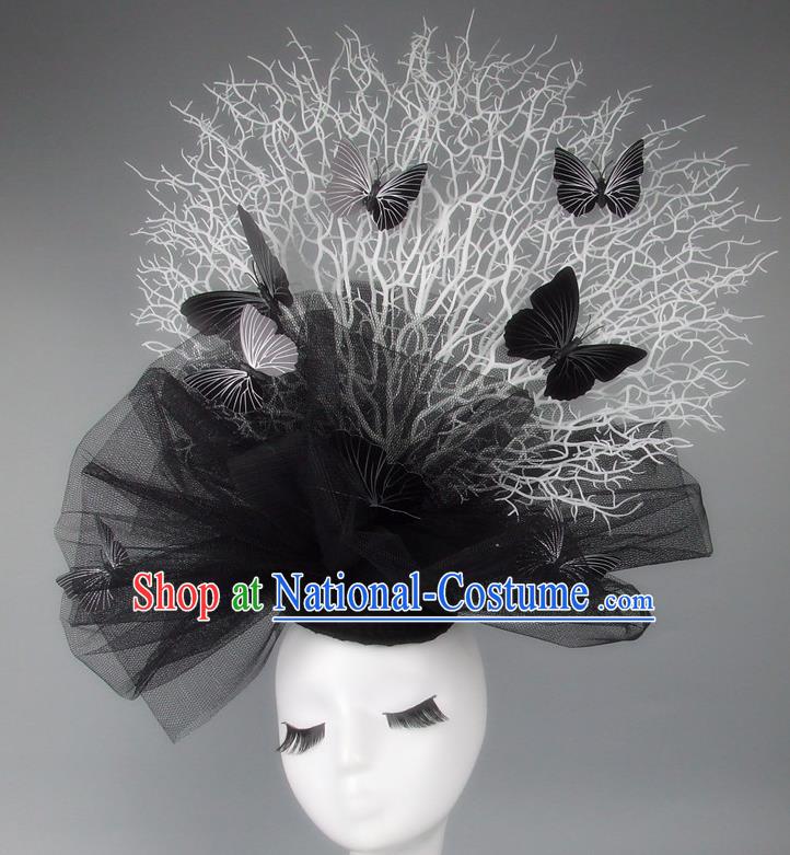 Asian China Exaggerate Hair Accessories Model Show Black Veil Butterfly Headdress, Halloween Ceremonial Occasions Miami Deluxe Headwear