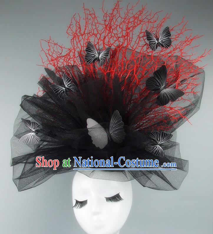 Asian China Exaggerate Red Branch Hair Accessories Model Show Veil Butterfly Headdress, Halloween Ceremonial Occasions Miami Deluxe Headwear