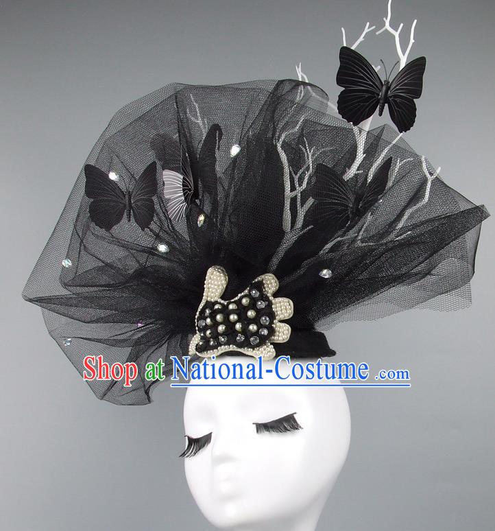 Asian China Exaggerate Black Veil Hair Accessories Model Show Butterfly Headdress, Halloween Ceremonial Occasions Miami Deluxe Headwear