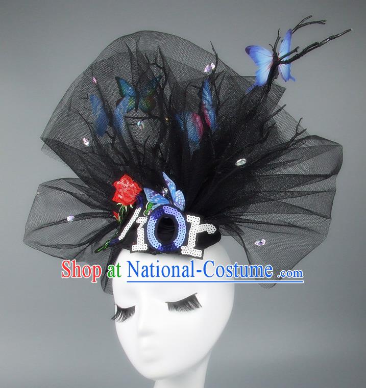 Asian China Exaggerate Veil Hair Accessories Model Show Blue Butterfly Headdress, Halloween Ceremonial Occasions Miami Deluxe Headwear