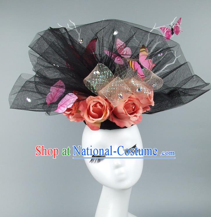 Asian China Exaggerate Veil Hair Accessories Model Show Red Rose Headdress, Halloween Ceremonial Occasions Miami Deluxe Headwear