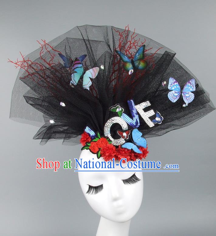 Asian China Exaggerate Veil Hair Accessories Model Show Butterfly Headdress, Halloween Ceremonial Occasions Miami Deluxe Headwear