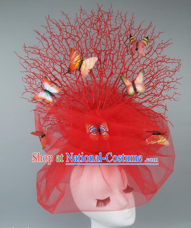 Asian China Exaggerate Red Veil Hair Accessories Model Show Butterfly Headdress, Halloween Ceremonial Occasions Miami Deluxe Headwear