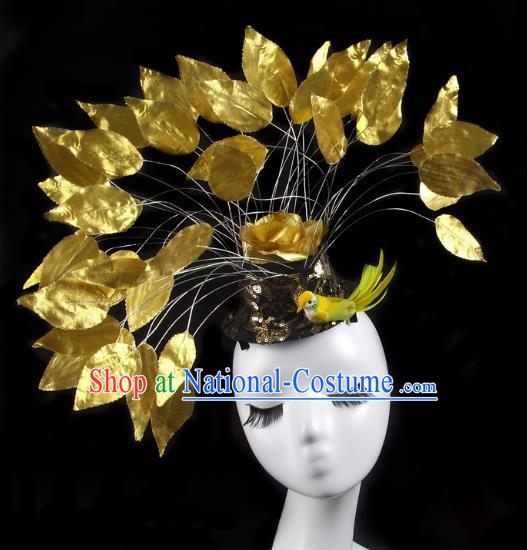 Asian China Exaggerate Hair Accessories Model Show Golden Feather Hat, Halloween Ceremonial Occasions Miami Deluxe Headwear